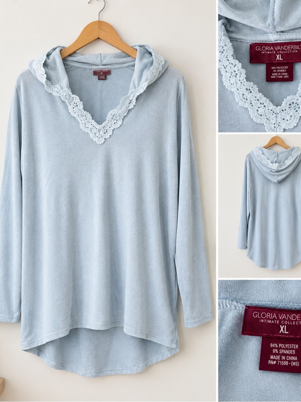 Gloria Vanderbilt Intimate Collection Lace Trim Hooded Top XL Light Blue
